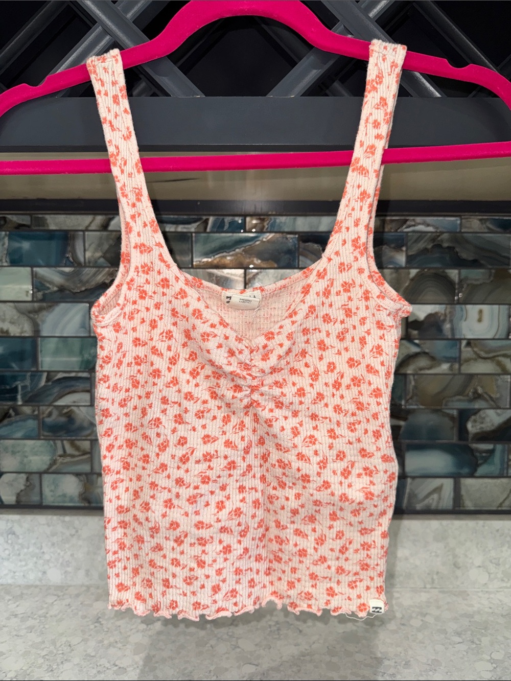 Billabong White and Coral Floral Ribbed Cami